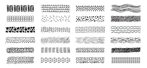 Obraz premium Hand drawn textures collection. abstract brushes, drawing textures from thin lines of different shapes. Set of doodle swirling and straight shapes
