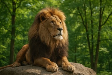 Obraz premium Majestic Lion Sits on Rock Surrounded by Green Trees Concept of Majestic and Nature