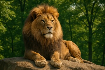 Obraz premium Majestic Lion Sits on Rock Surrounded by Green Trees Concept of Majestic and Nature