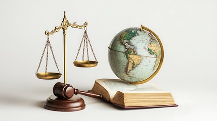 Justice and global perspective depicted by a balance, globe, and book.