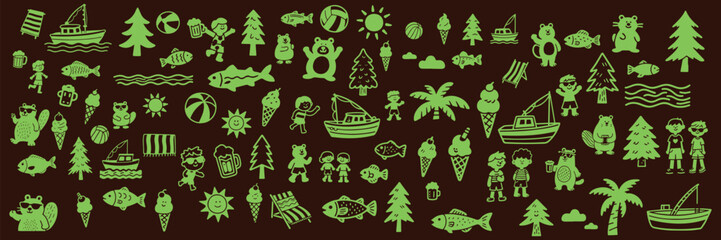 Set of minimalistic icons on theme of lake vacation - ball, sun, trees, boats, children, beavers, bears, ice cream, beach chair, fish, beer, river © Nerivan