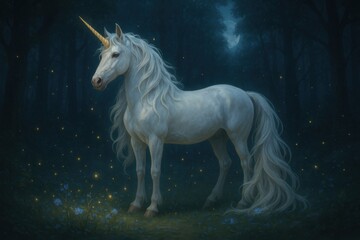 Naklejka premium Majestic White Unicorn with Flowing Mane and Golden Horn Standing in an Enchanted Forest Clearing Bathed in Moonlight