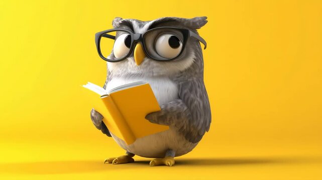 Wise owl reads book with curiosity and animation on vibrant yellow background