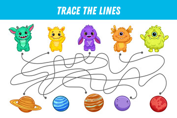 Find the way. Cute monsters and planets. Space elements. Educational game for preschool kids. Activity page. Vector