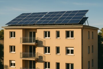 Fototapeta premium Photo of an Apartment Building with a Flat Roof on Which a Solar System is Installed