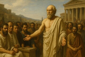 Philosopher Socrates on Trial in Ancient Athens Agora Calmly Addressing Judges and Citizens Historical Digital Painting