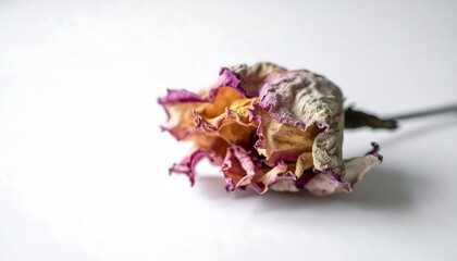 A wilting rose on white evokes a sense of faded beauty and nostalgia. Perfect for conveying themes of loss, memory, or the passage of time in creative projects.