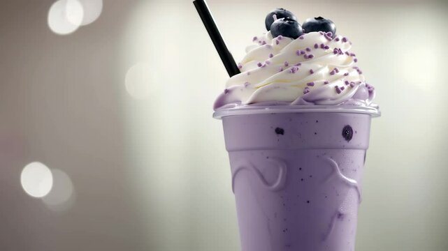 Purple milkshake with whipped cream and berries in rotating motion against soft light