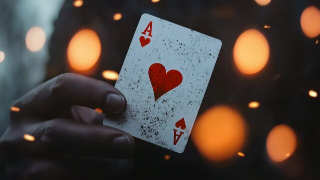 Hand holding ace of hearts card amidst flying sparks with bokeh background
