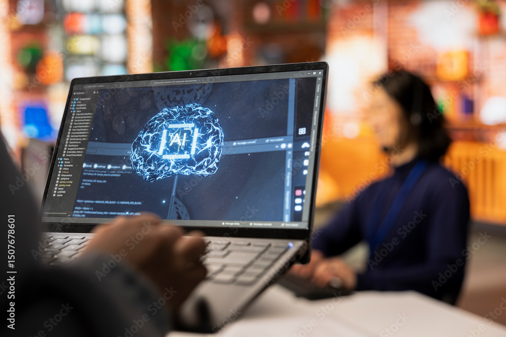 Poster call center worker uses ai technology on laptop to provide quick replies to common customer queries,