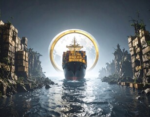 Navigation icon hole towards a mythical cargo container ship in the ocean " ai generator "
