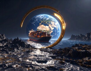 Navigation icon hole towards a mythical cargo container ship in the ocean " ai generator "
