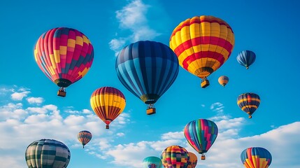 Obraz premium Colorful hot air balloons float against a vibrant blue sky.