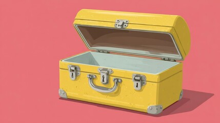 A vintage yellow suitcase with an open lid perfect for travel storage and adventure themes