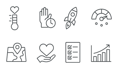 Nonprofit and charity outline icons set – fundraising, social impact and volunteer symbols