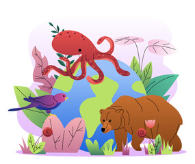 Concept of biodiversity. Bear, bird and octopus near globe. Environmental reservation and ecosystem. Fauna and wildlife. Ocean and forest habitants. Flat vector illustration
