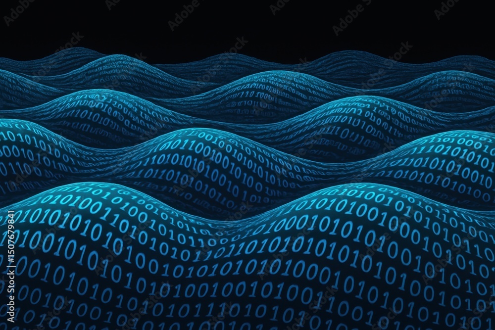 Poster waves of binary code over black background ocean of information concept illustration