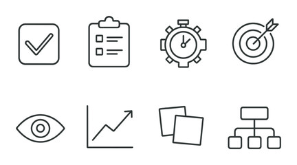 Fototapeta na wymiar Productivity linear icons set – outline, efficiency and task management symbols
