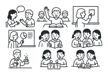 Classroom activity silhouette icons set – educational, school, teaching symbols