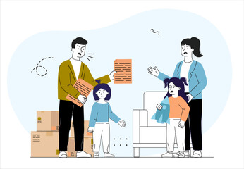 Couple in divorce. Man and woman yell at each other in front of children. Quarrels, conflicts and scandals in family. Division of property and real estate. Linear vector illustration