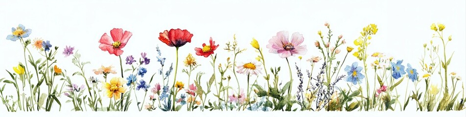 Fototapeta premium colorful wildflowers in horizontal composition against white background, watercolor illustration, floral banner, field poppies, daisies, blue and yellow flowers. website header footer textile design