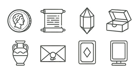 Rare collectibles outline icons set – treasures, artifacts and nostalgia symbols