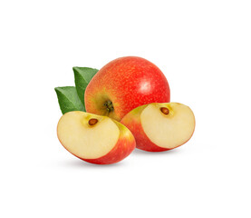 Pink lady apple with cut in half isolated with leaves on white background. Red apples with leaf.