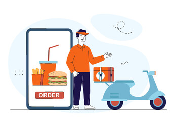Food delivery man. Young guy near scooter with box. Online shopping and home delivery. Transportation and logistics. Courier delivers fast food. Linear vector illustration