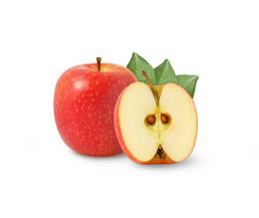 Red apple and a half isolated with leaves on white. Pink lady apples and a cut isolated with leaf.