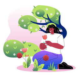 Woman picking up flowers. Young girl with red tulips. Person with bloom and blossoming plants. Relaxation outdoors on spring season. Flat vector illustration