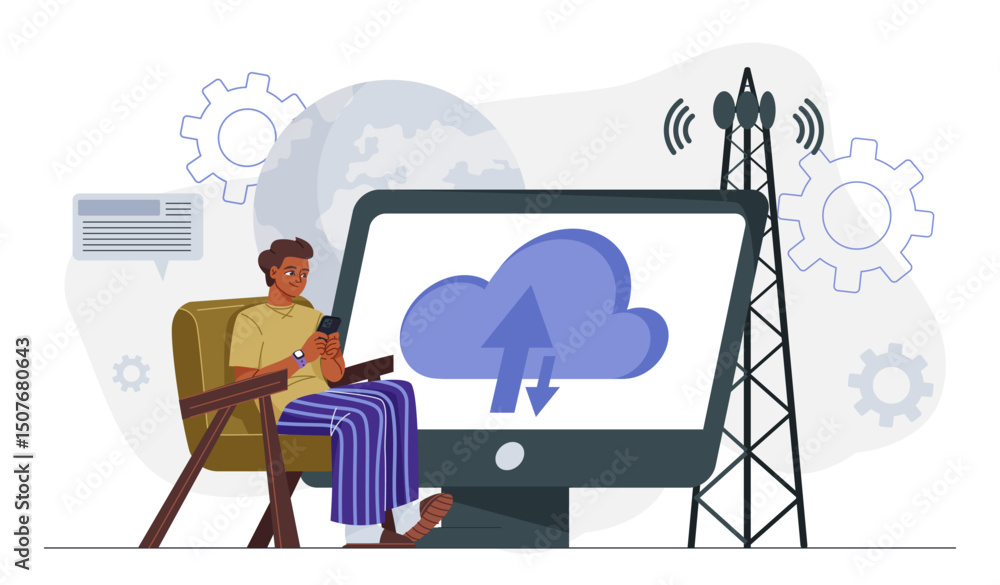 Poster internet things concept. man with smartphone near computer with cloud files. person upload or downlo