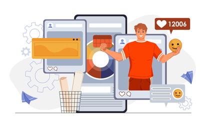 Important topic on internet. Man with calendar and emoji in hands on smartphone screen. Popular blogger and influencer. Content creator for social media. Flat vector illustration