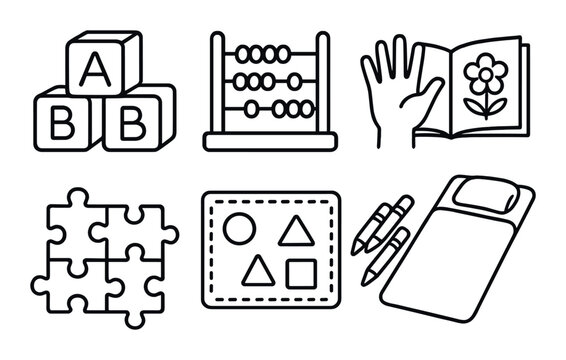 Preschool education silhouette icons set – learning, teaching, early childhood symbols