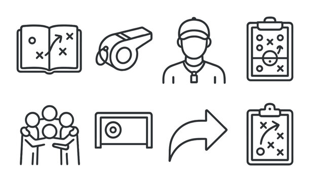 Sports strategy linear icons set – outline, planning and tactical design symbols