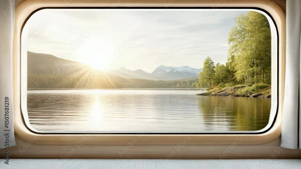 Poster serene sunlight reflection on lake framed by mountains and trees through large window view.