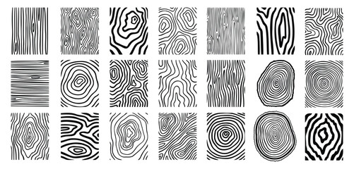 Wood lines texture material doodle hand drawn line set. Rings and circles tree trunk geometric curve, wave contour. 