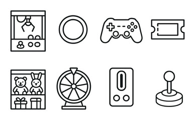 Arcade fun linear icons set &ndash; outline, gaming and entertainment graphic symbols