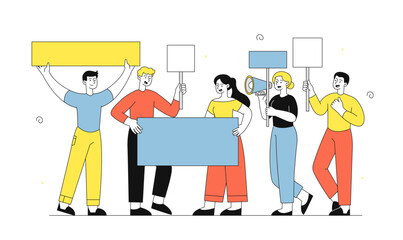 Political protest. People with posters came out to rally. Democracy and freedom of speech. Men and women with empty placards. Protesters at picket. Linear vector illustration