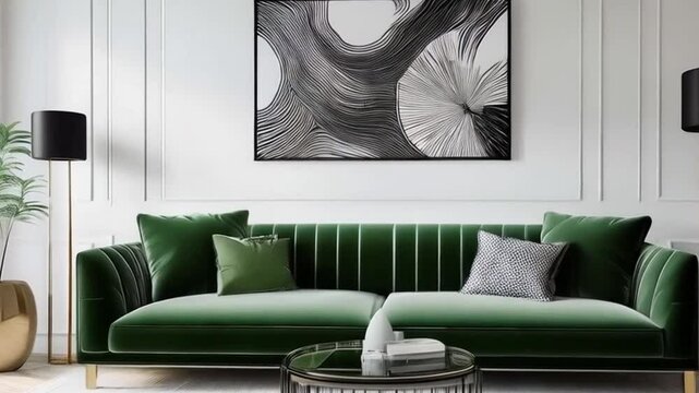 Ein modernes Wohnzimmer mit gr&uuml;ner Couch, wandhohen Regalen und neutralen T&ouml;nen. Die Dekoration ist auf das Wesentliche reduziert, wodurch der Raum ruhig und ausgeglichen wirkt.