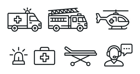 Emergency vehicles icons set – outline, rescue and safety service symbols