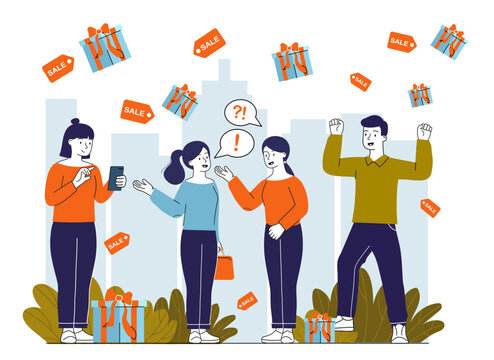 People with sales. Man and women near price tags and gift coupons. Discounts and promotions. Loyalty program for regular customers and clients. Linear vector illustration