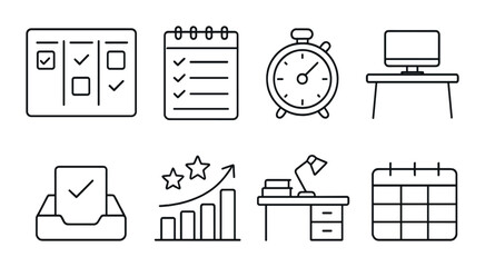 Productivity and task management linear icons set – outline, workflow, efficiency symbols