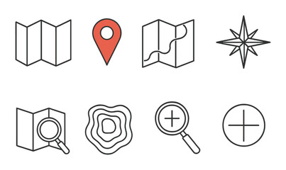Map navigation icons set – outline, route and location symbols for easy directions