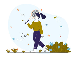 Woman play tennis. Young girl with tennis racket playing outdoors. Active lifestyle and team sports. Competition and tournament. Professional tennis player. Linear vector illustration - obrazy, fototapety, plakaty
