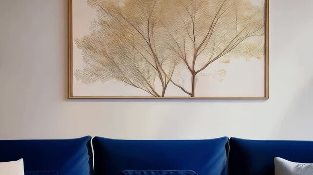 Ein schlichtes Wohnzimmer mit einer navyblauen Couch und einem Teppich in Naturt&ouml;nen. Die Einrichtung ist klar strukturiert, mit wenigen, aber gezielt gesetzten Deko-Elementen f&uuml;r ein modernes Wohngef