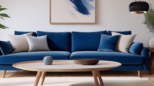 Ein schlichtes Wohnzimmer mit einer navyblauen Couch und einem Teppich in Naturt&ouml;nen. Die Einrichtung ist klar strukturiert, mit wenigen, aber gezielt gesetzten Deko-Elementen f&uuml;r ein modernes Wohngef