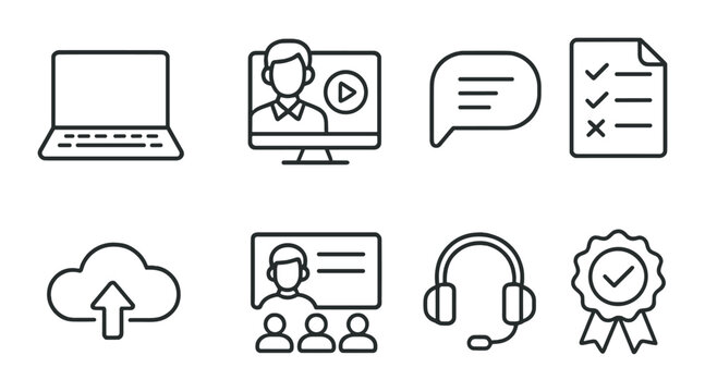 Online learning outline icons set – education, e-learning, digital classroom symbols