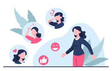 Woman with different emotions. Young girl with mood changes. Mental health problems. Fatigue, anger and happiness. Depression and frustration. Flat vector illustration