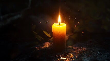 Illuminated candle in a dark environment.