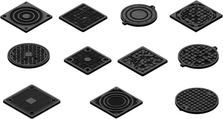 Drain manhole icons set. Set of isometric manhole covers including round, square, and rectangular shapes, showcasing diverse materials and designs for urban infrastructure